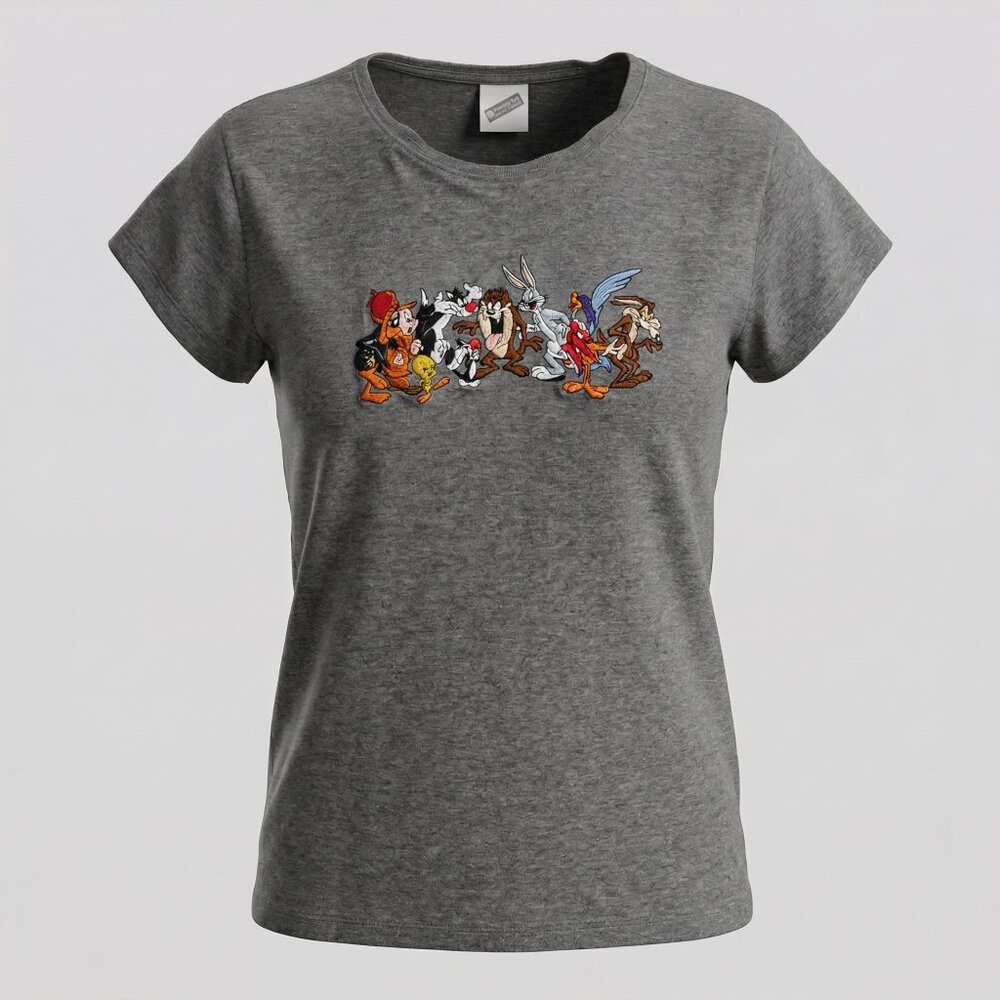 Looney Tunes‎ T Shirt Warner Bros Gray Embroidered Bugs Bunny Taz Men's Medium